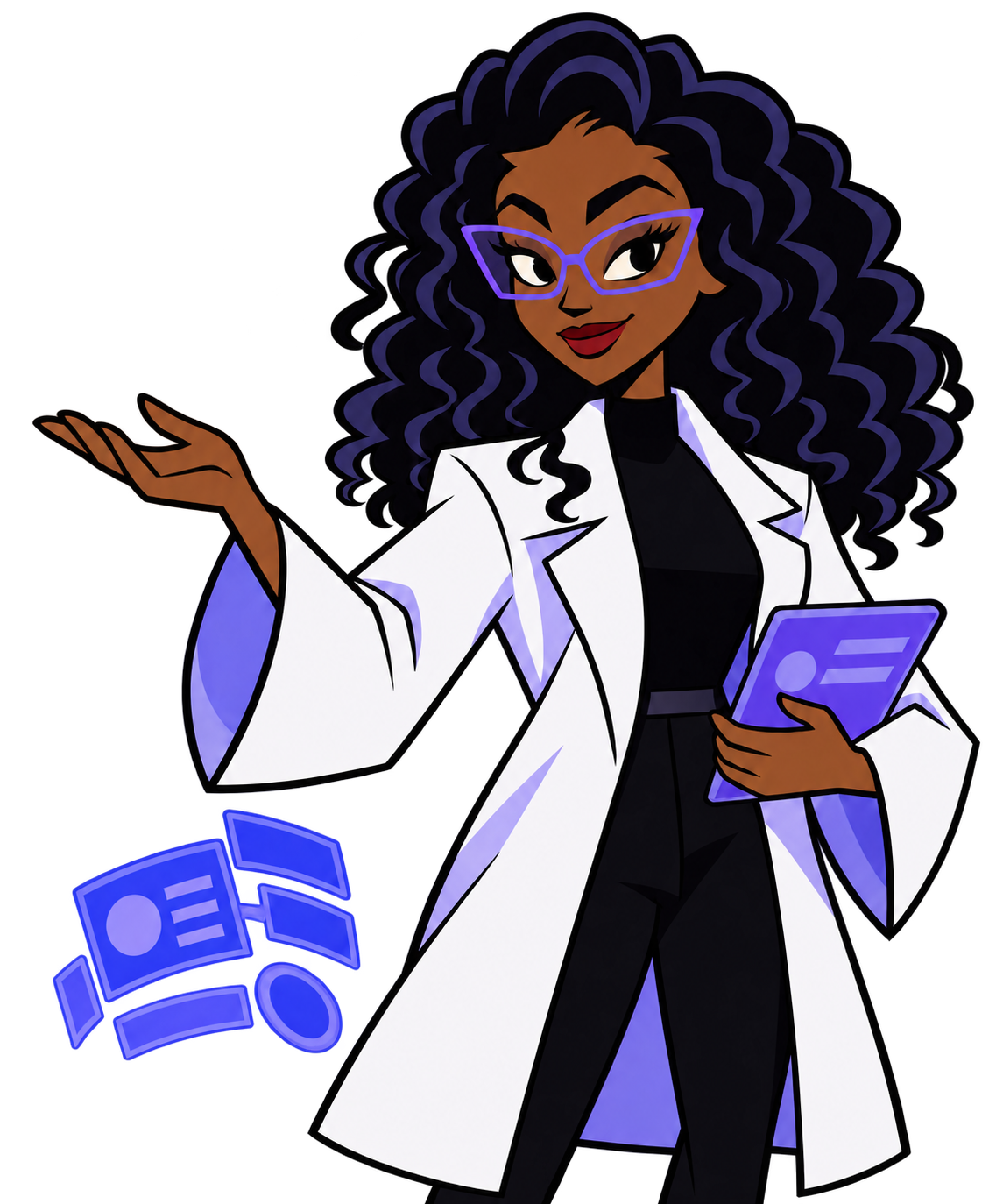 Illustrated Ivori in a white lab coat with an open palm