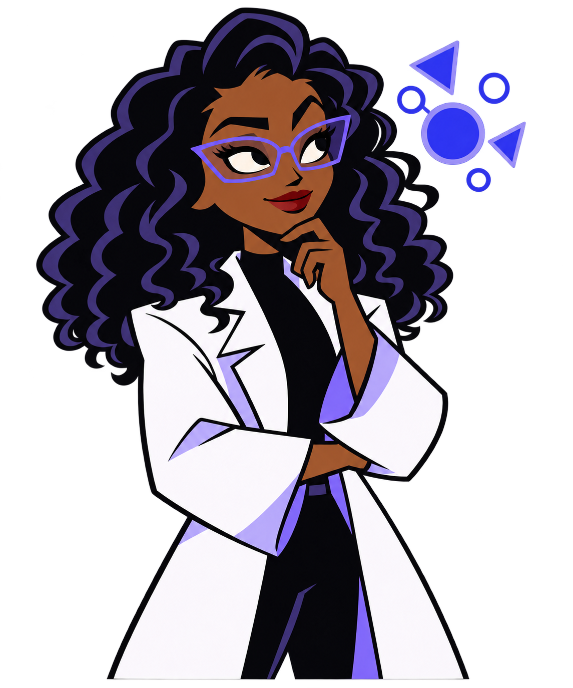 Illustrated Ivori Rayale in a thoughtful pose, with one hand on her chin and her other arm folded