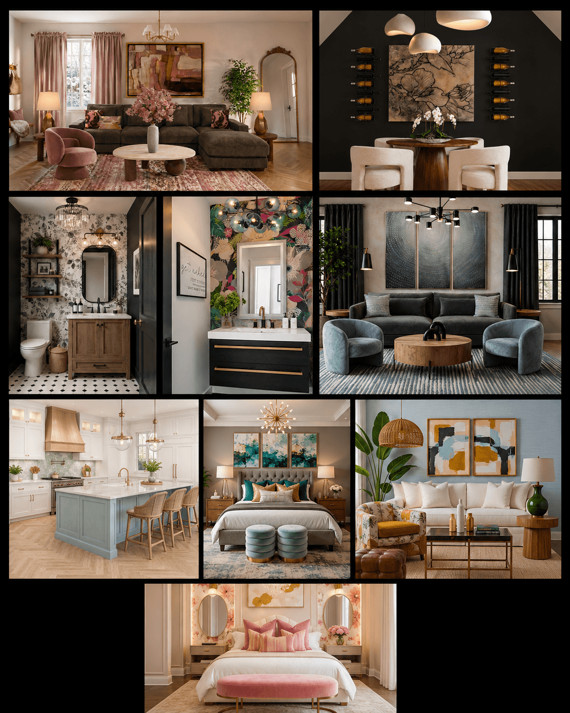 Interior design collection 1: Layered living spaces, expressive details, and moments of retreat.