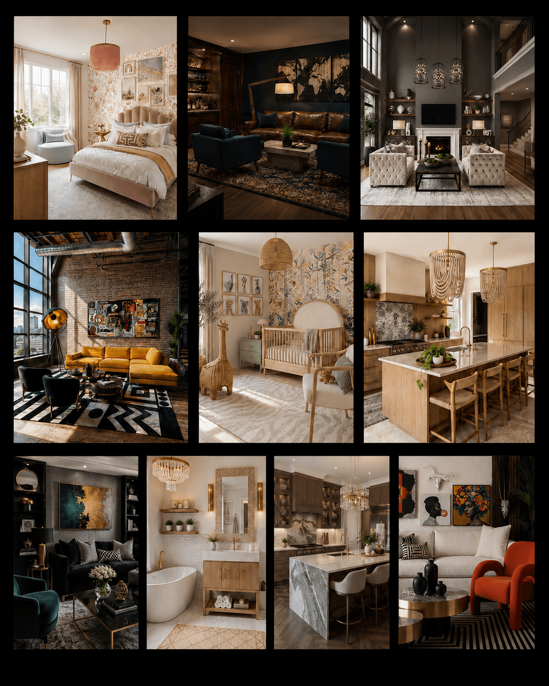 Interior design collection 3: Spaces with distinct moods, textures, and points of view.